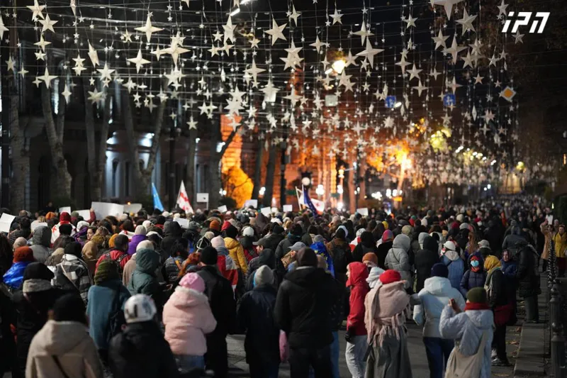 During the day in Tbilisi, the protest marches taking place in different locations converged on Rustaveli Avenue
