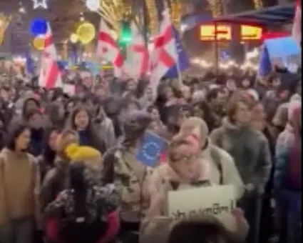 A march titled "With Western Education Towards Europe!" is currently taking place in the direction of Rustaveli Avenue