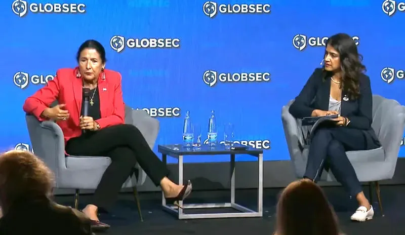 Salome Zurabishvili during a discussion at GLOBSEC: Sanctions are very important because in a small country like Georgia, sanctions work – they create tension and weakness within the ruling party and its inner circle