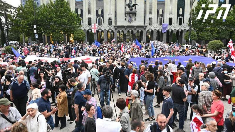 在Rustaveli Avenue举行的抗议中，格鲁吉亚和欧盟的旗帜被展开。
