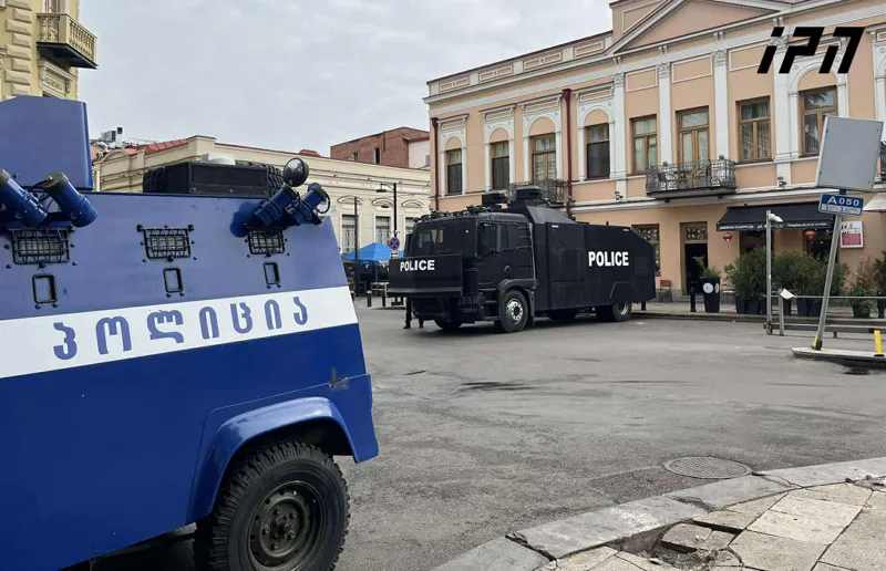 At Orbeliani Square, riot police remain present, and water cannon vehicles are stationed - tiles dislodged by rally participants during the confrontation are being reinstalled