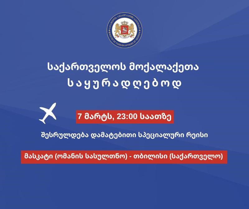 外交部：另一个特别航班已为位于中东地区的格鲁吉亚公民安排好，返回他们的祖国。