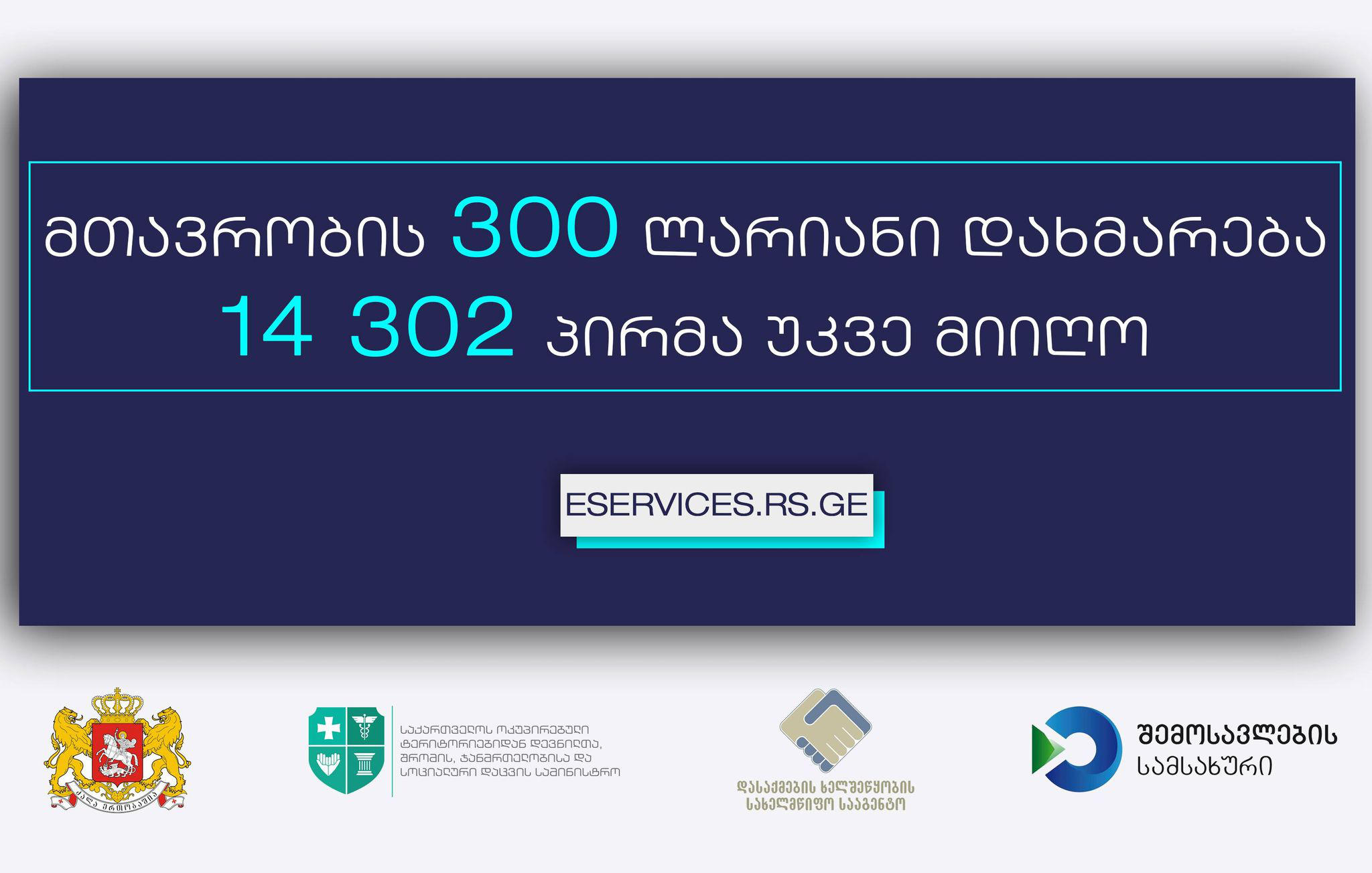 ჯანდაცვის სამინისტრო - მთავრობის 300-ლარიანი დახმარება 14 302 პირმა უკვე მიიღო