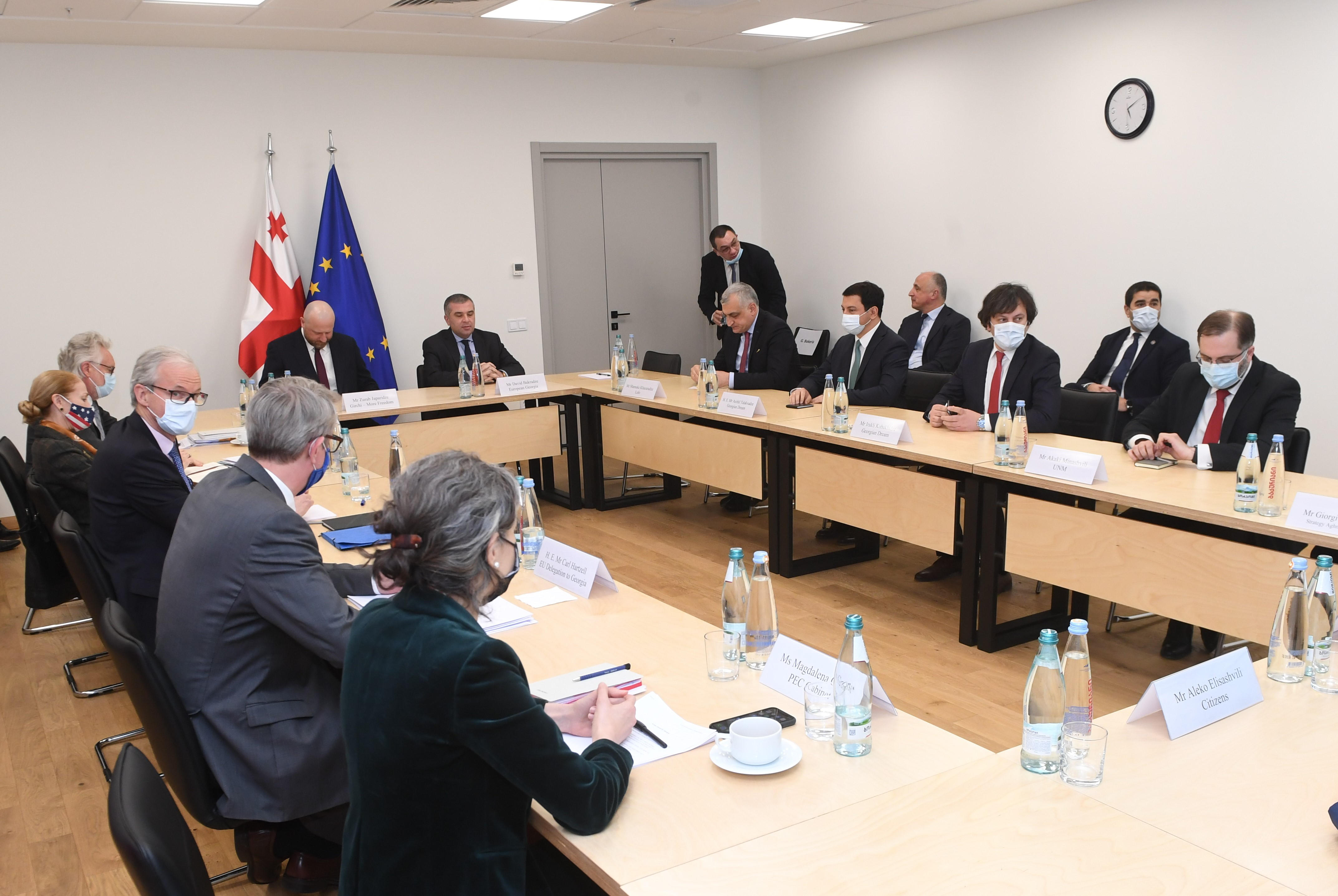 კრისტიან დანიელსონი „ქართული ოცნებისა" და ოპოზიციური პარტიების ლიდერებს გაერთიანებულ ფორმატში ხვდება