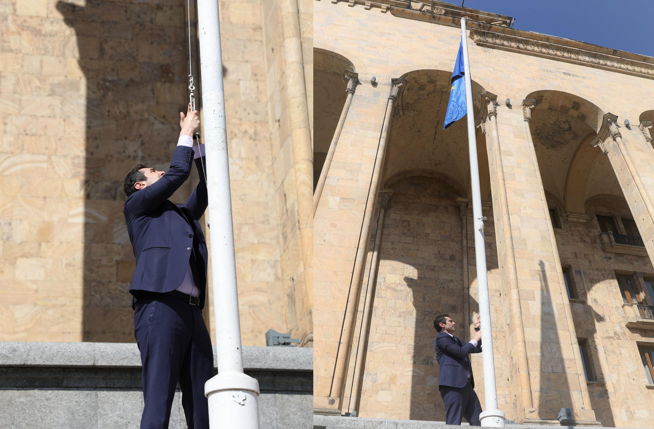Kakha Kuchava himself raises the EU flag, which was lowered by Pride opponents