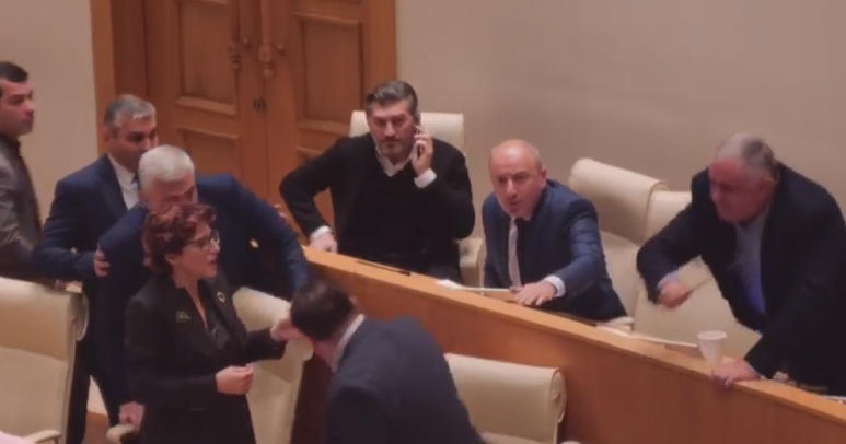 MP Viktor Japaridze throws microphone at opposition MP Tariel Nakaidze