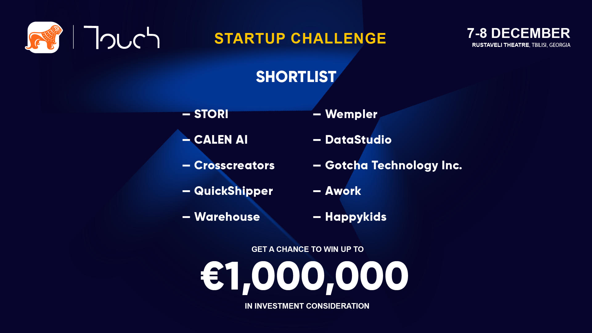 Touch Summit-ის Startup Challenge-ის შორთლისთი ცნობილია - სამიტის  გენერალური პარტნიორი „საქართველოს ბანკია“