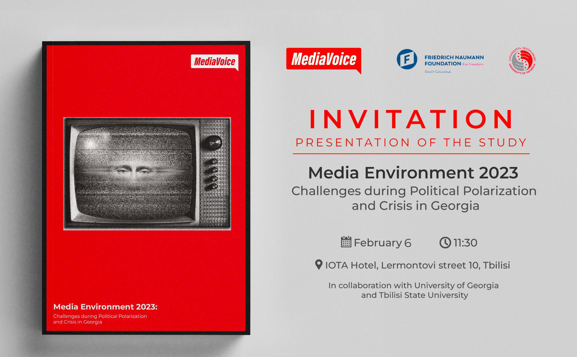 „მედიახმა“ კვლევას სახელწოდებით „მედიაგარემო 2023: გამოწვევები პოლიტიკური პოლარიზაციისა და კრიზისების დროს საქართველოში“, მედიის, არასამთავრობო სექტორისა და აკადემიის წარმომადგენლებს 6 თებერვალს წარუდგენს