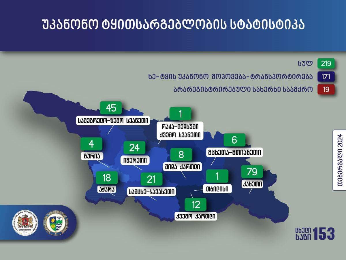 გარემოსდაცვითი ზედამხედველობის დეპარტამენტის თანამშრომლებმა თებერვალში უკანონო ტყითსარგებლობის 219 ფაქტი გამოავლინეს