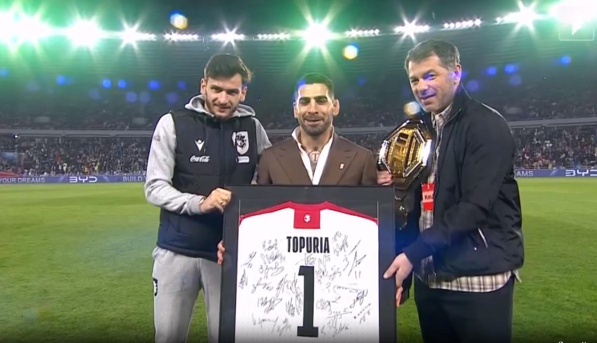 Ilia Topuria presents championship belt at Dynamo Arena
