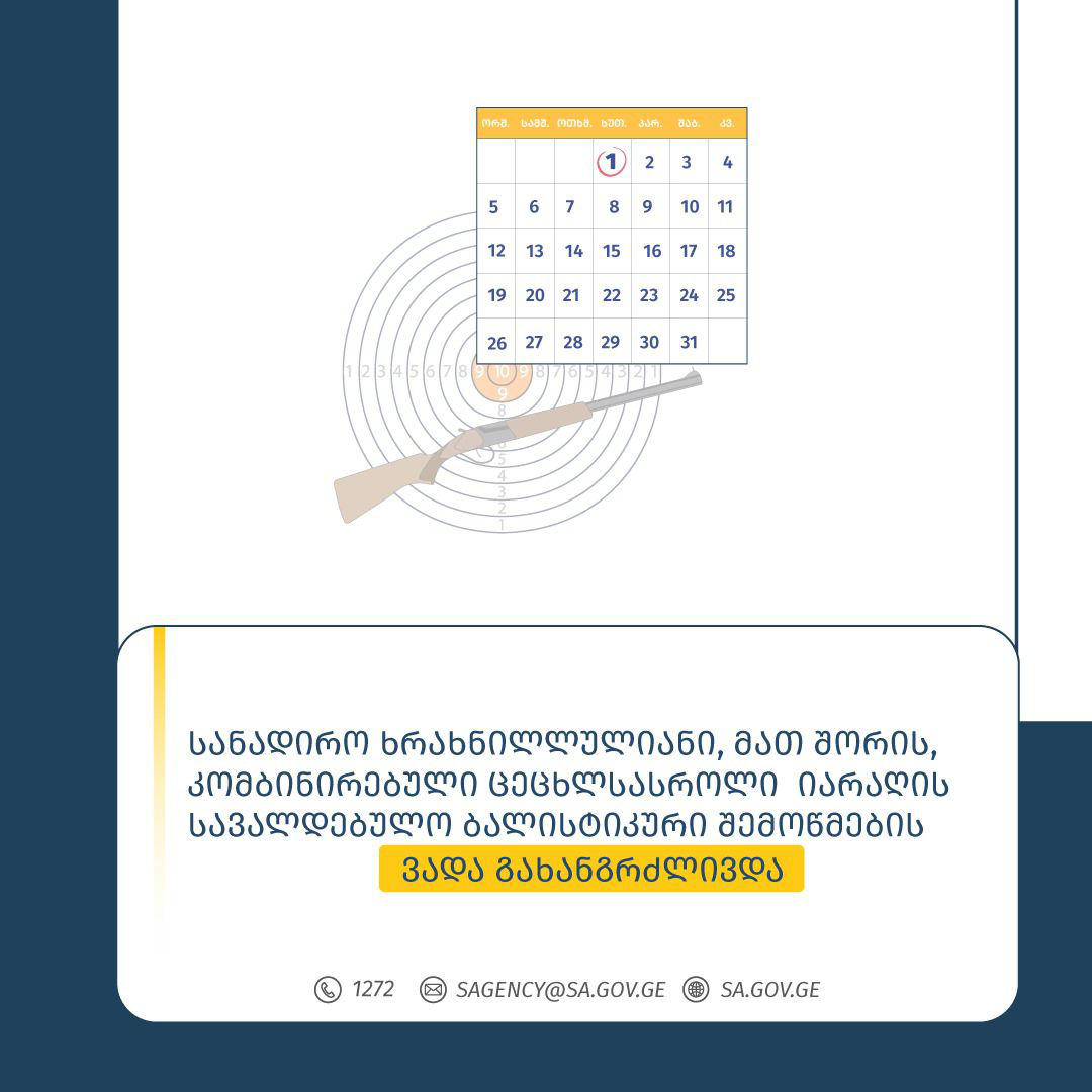სანადირო ხრახნილლულიანი, მათ შორის, კომბინირებული ცეცხლსასროლი იარაღის ბალისტიკური შემოწმების ვადა გახანგრძლივდა