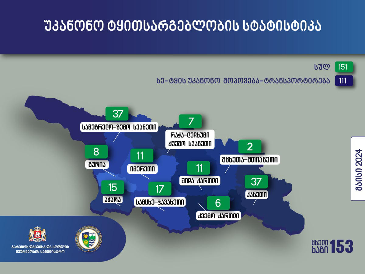 გარემოსდაცვითი ზედამხედველობის დეპარტამენტის თანამშრომლებმა, მიმდინარე წლის მაისში, უკანონო ტყითსარგებლობის 151 ფაქტი გამოავლინეს