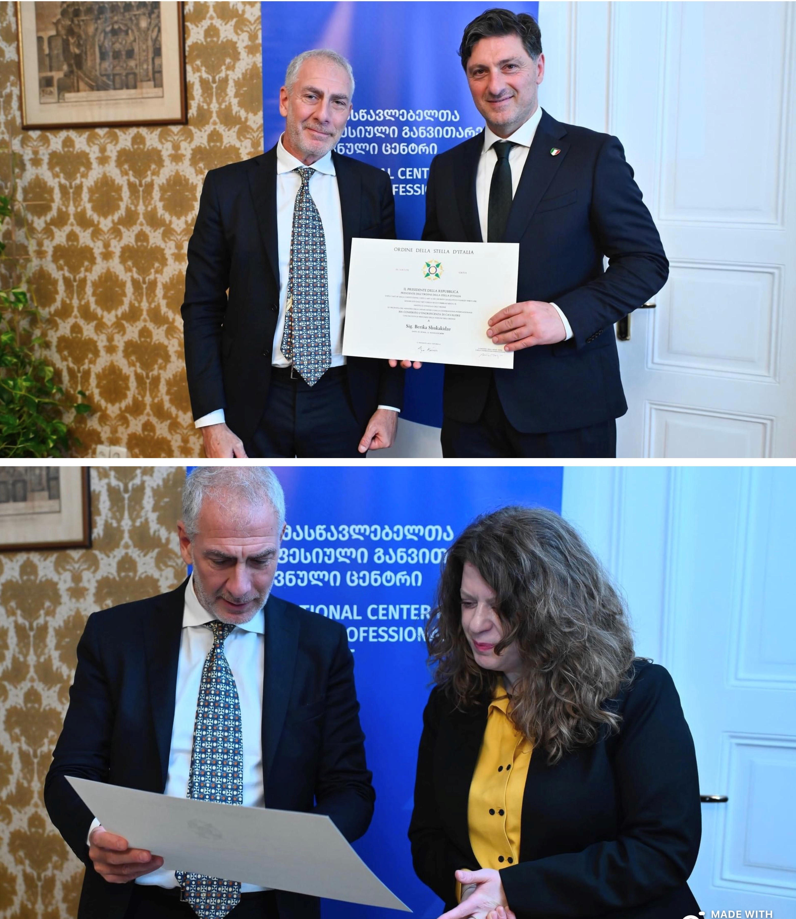 ბერიკა შუკაკიძესა და მაია ჯიჯავას იტალიის ვარსკვლავის კავალერის ღირსების ორდენი მიენიჭათ