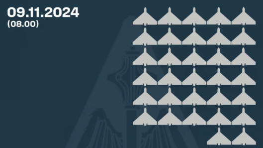 უკრაინის საჰაერო ძალების ინფორმაციით, რუსების მიერ გაშვებული 32 დრონი ჩამოაგდეს