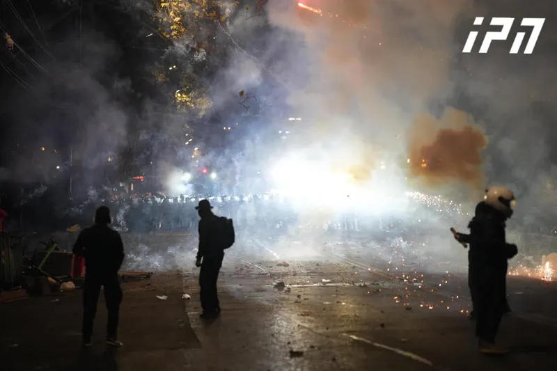 After the use of tear gas canisters by riot police, the protesters leave Rustaveli Avenue, but eventually return