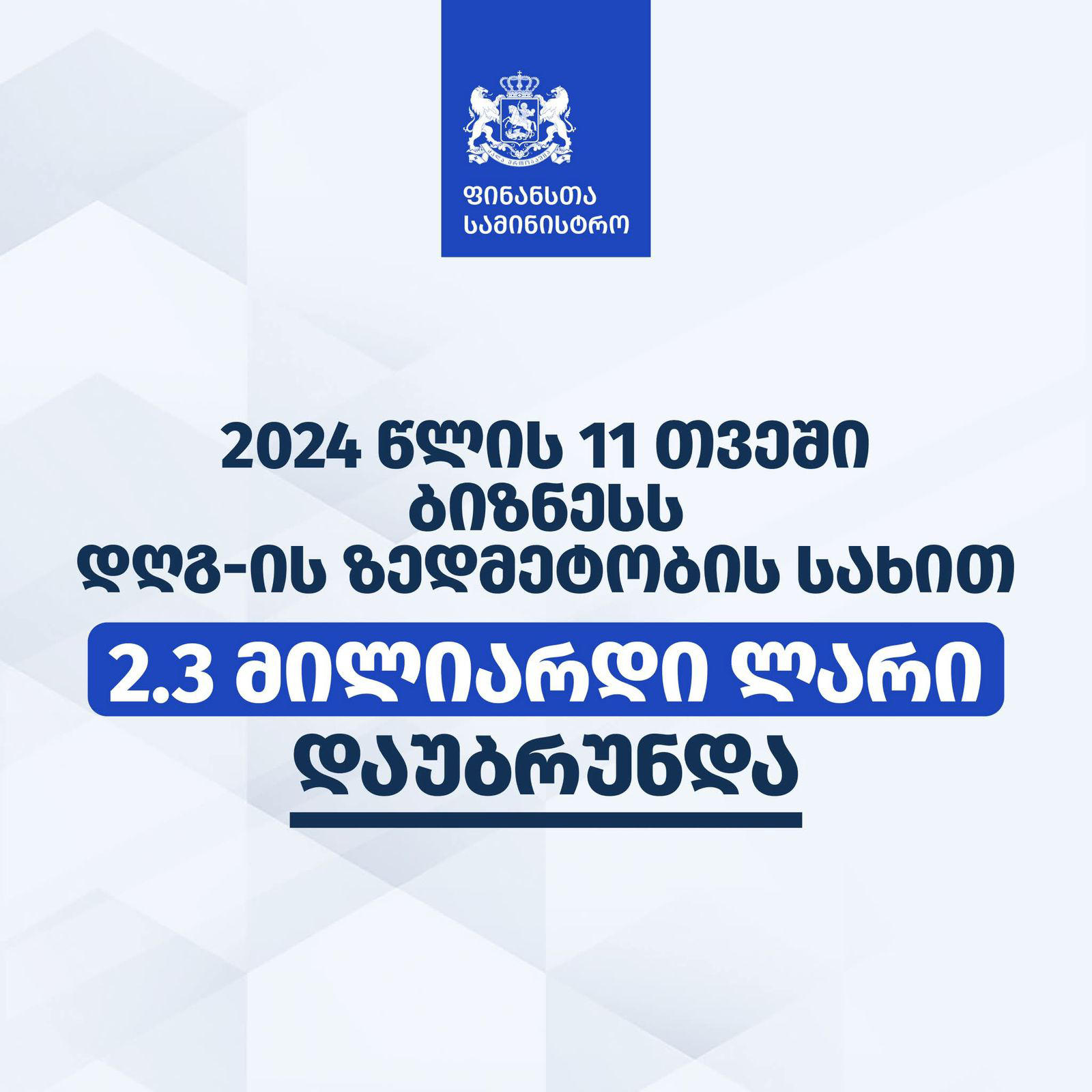 ფინანსთა სამინისტრო - 2024 წლის 11 თვეში ბიზნესს დღგ-ის ზედმეტობის სახით, ავტომატურად, 2.3 მლრდ ლარი დაუბრუნდა