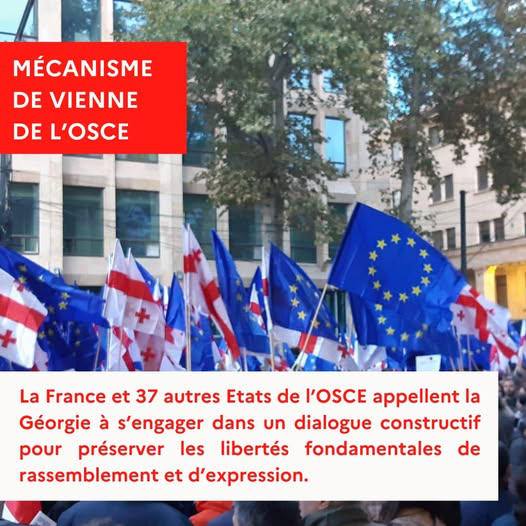 French Embassy: Together with 37 other OSCE participating States, France activated the Vienna Mechanism - We invite Georgia to engage in a constructive dialogue for safeguarding the fundamental freedoms of peaceful  demonstration and media
