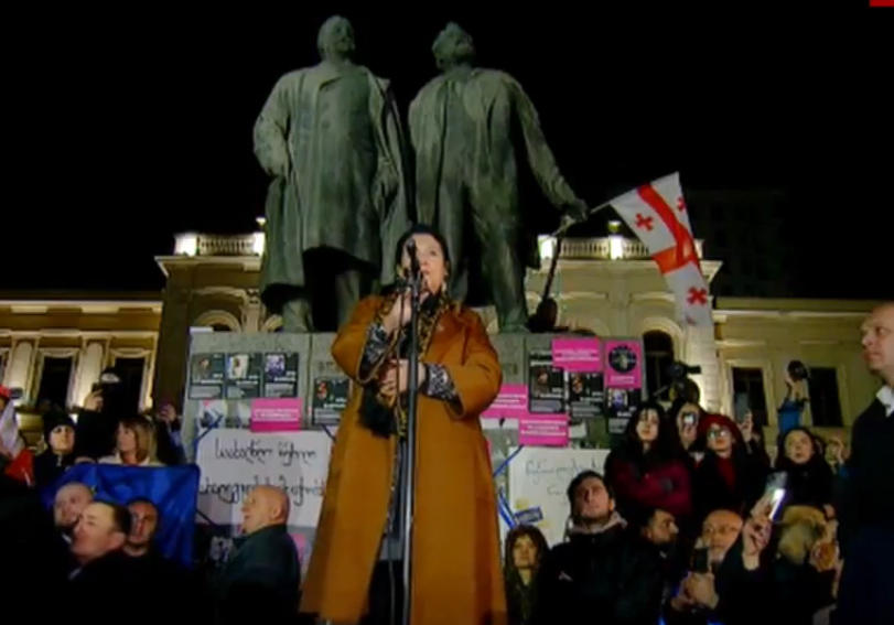 Salome Zurabishvili continues her speech through megaphone after microphone goes off
