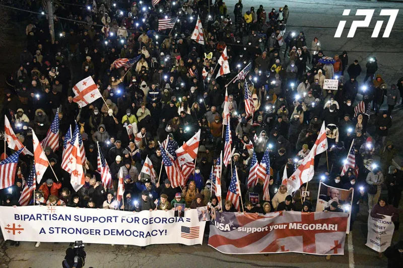A march in support of the "MEGOBARI Act" is taking place from Marjanishvili Square
