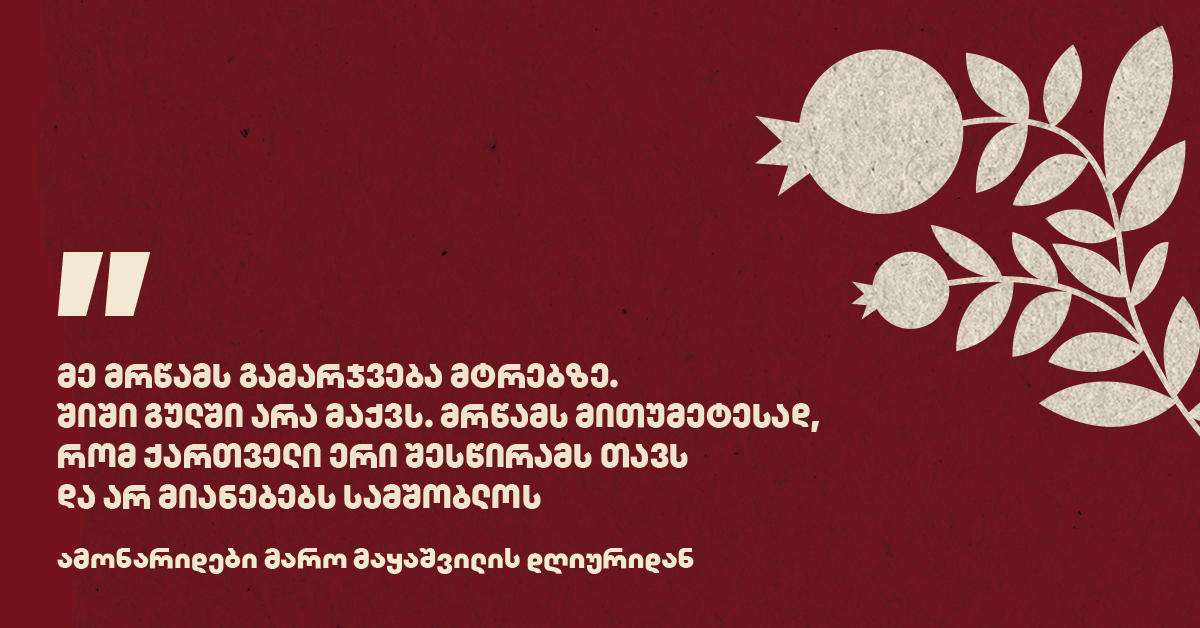 „მე მრწამს გამარჯვება მტრებზე. შიში გულში არა მაქვს. მრწამს მითუმეტესად, რომ ქართველი ერი შესწირამს თავს და არ მიანებებს სამშობლოს“ - ამონარიდები მარო მაყაშვილის დღიურიდან