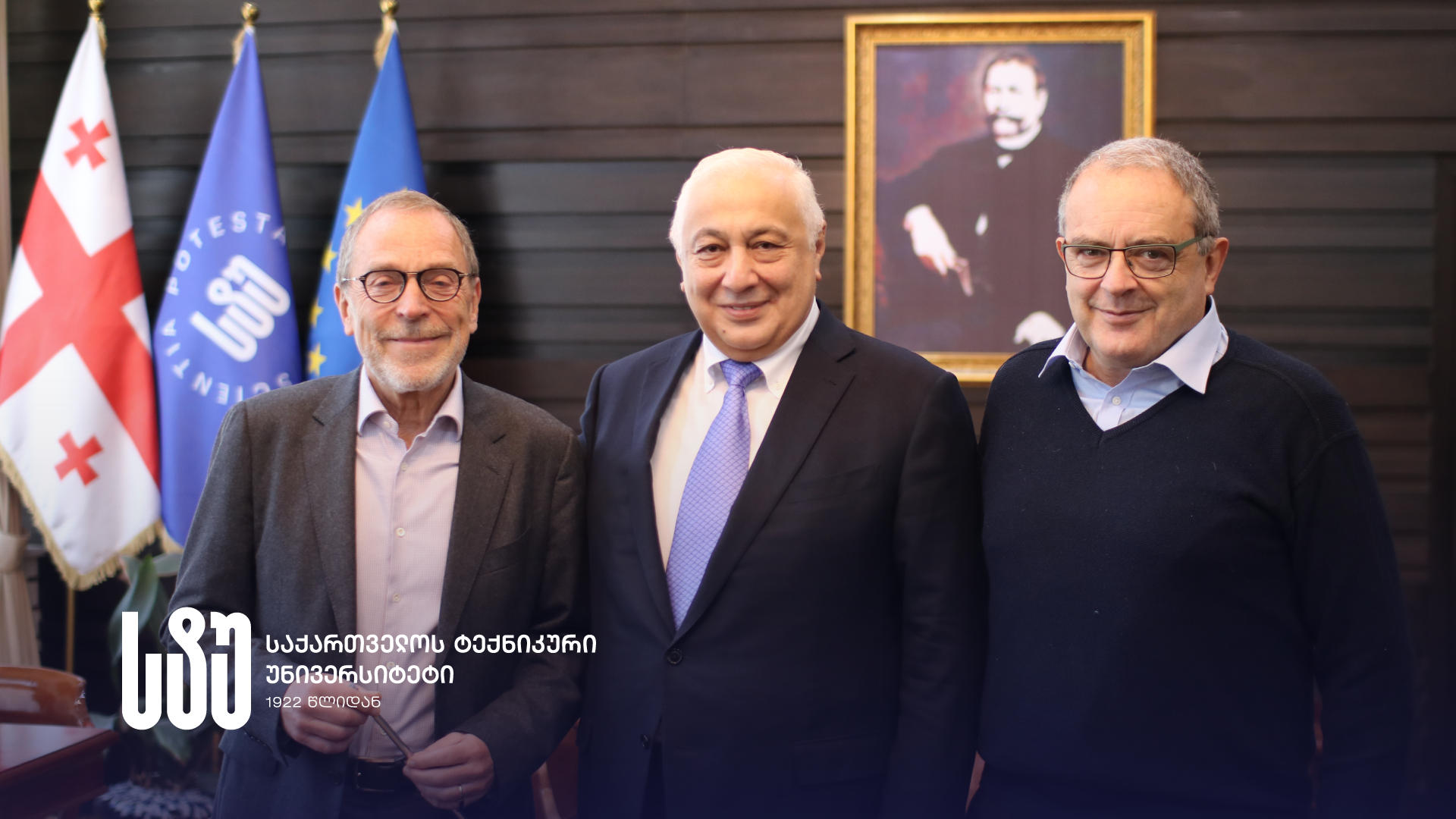 საქართველოს ტექნიკური უნივერსიტეტის რექტორი, აკადემიკოსი დავით გურგენიძე CERN-ის მეცნიერებსა და გლობალური ექსპერიმენტების ლიდერებს - ტიციანო კამპორეზისა და ანდრეი გოლუტვინს შეხვდა