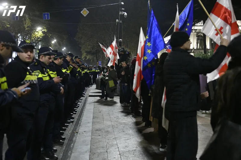 A protest has resumed on Rustaveli Avenue — police officers are positioned on both sides of the street