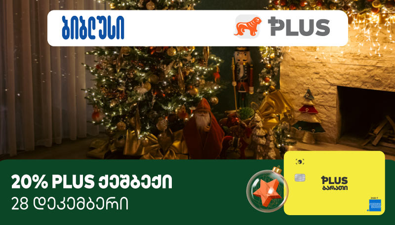 28 დეკემბერს „ბიბლუსში“ 100 ლარის გადახდისას 30 ლარი PLUS ქულების სახით დაგიბრუნდებათ