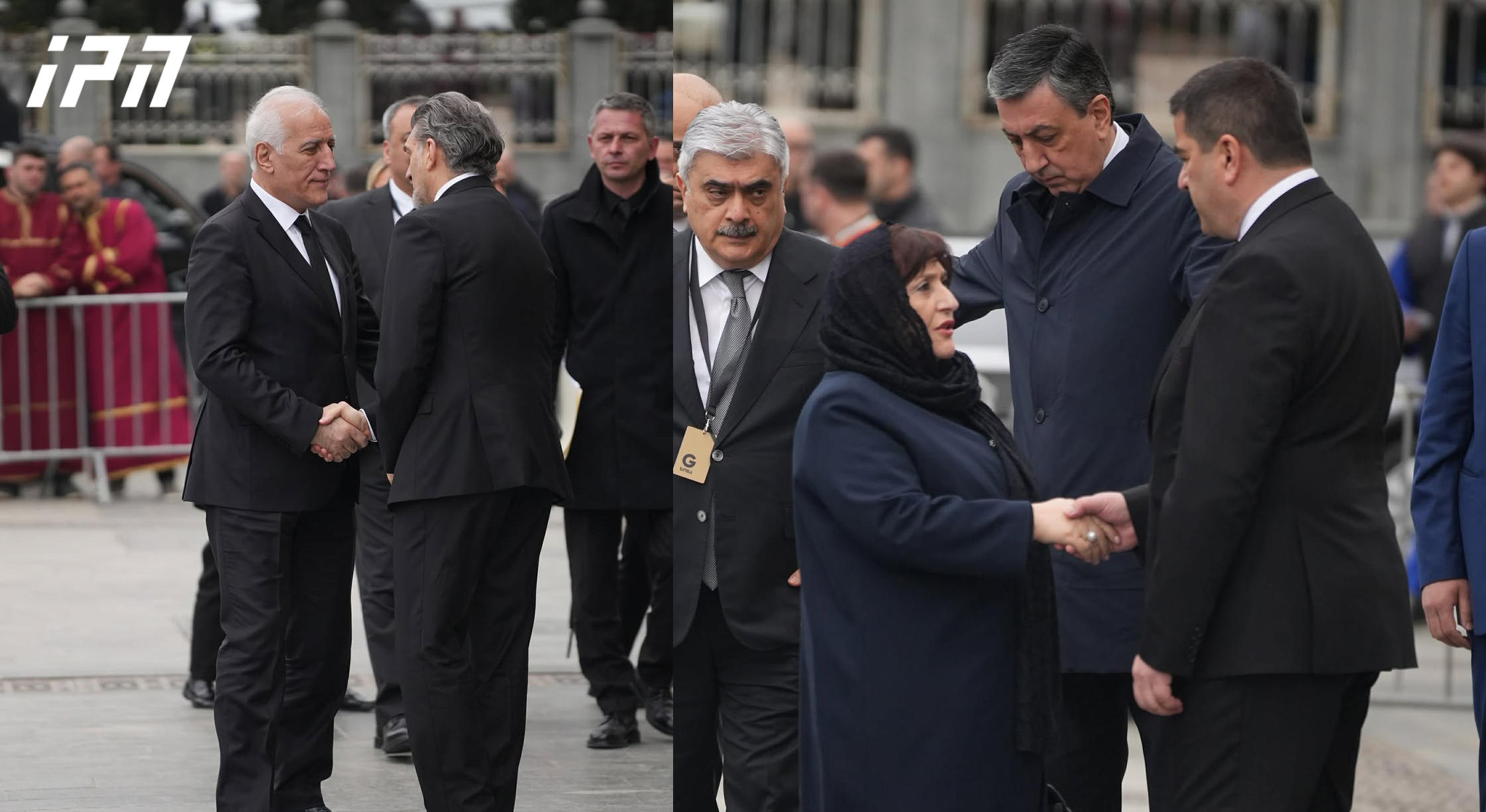 სამების ტაძრის ეზოში, სომხეთის პრეზიდენტს მიხეილ ყაველაშვილი, აზერბაიჯანის მეჯლისის თავმჯდომარეს კი - შალვა პაპუაშვილი დახვდა
